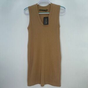 ENZA COSTA Puckered Knit Dress Camel‎ Tan Sleeveless Ribbed Midi NWT Size L USA